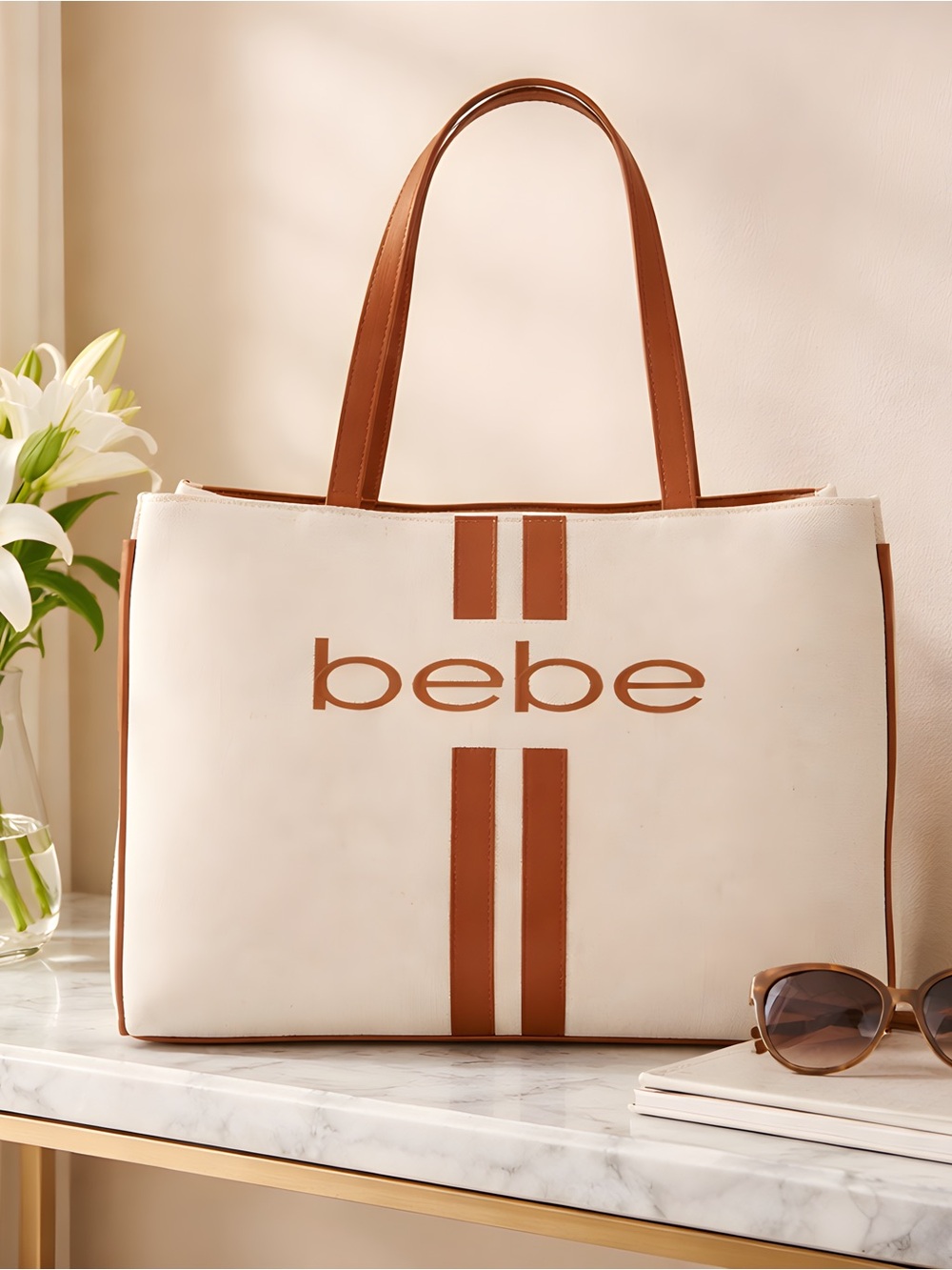 bebe Cream & Brown Striped Logo Tote
